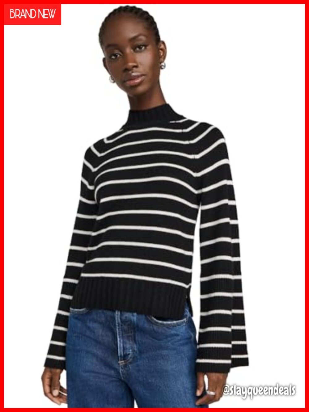 PAIGE Laurel Mock Neck Sweater with Flared Cuffs Striped Pullover